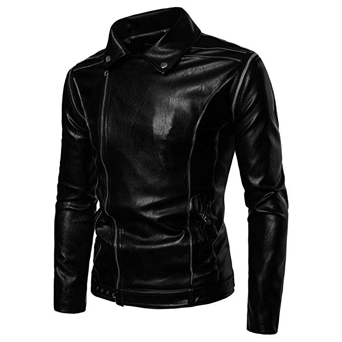 MAGE MALE Men's Leather Jacket Slim Fit Classic Faux Leather Motorcycle Jacket