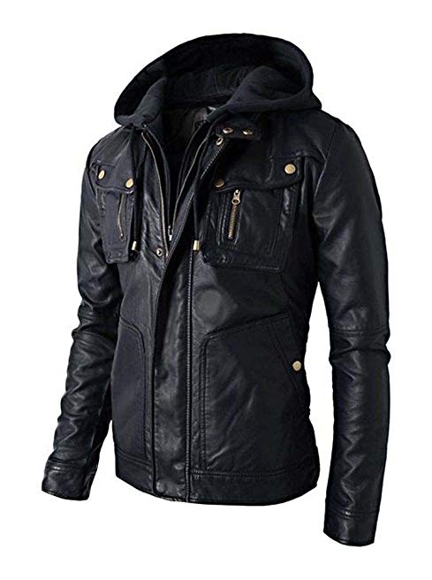 RealSkin New Men's Motorcycle Brando Style Biker Real Leather Hoodie Jacket - Detach Hood