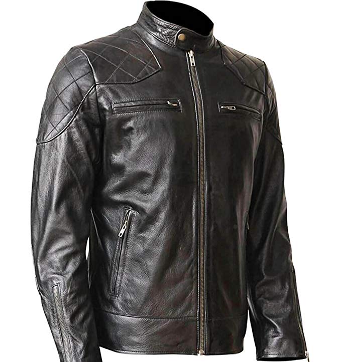 WONDERPIEL Men's Genuine Lambskin Leather Biker Jacket Inspired by David Beckham - Black