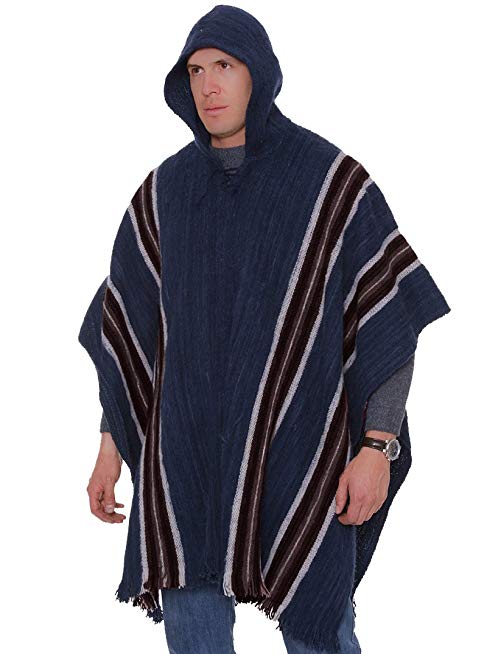 Gamboa - Alpaca Hooded Poncho - Blue with Brown Stripes