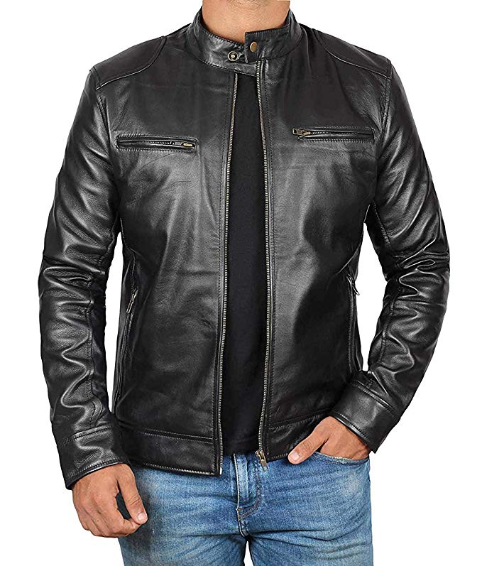 BlingSoul Leather Motorcycle Jacket Men - Black Lambskin Cafe Racer Jacket