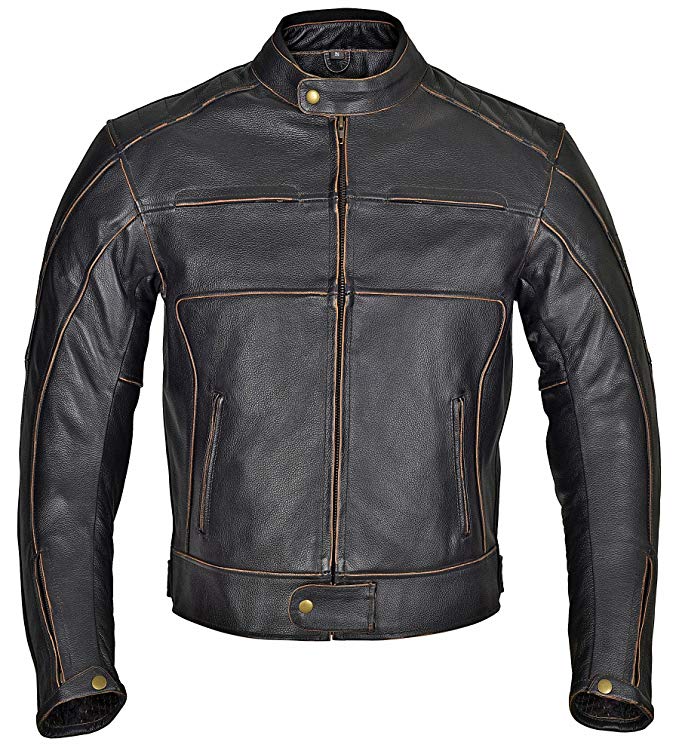 Wicked Stock Men Motorcycle Armor Leather Jacket Vintage Style Charcoal Dark Brown MBJ24 (XL)