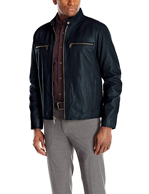 Andrew Marc Men's Lamb-Leather Moto Jacket with Perforated Detail