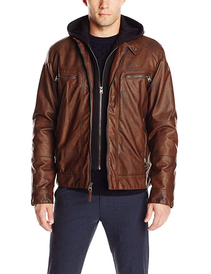 Calvin Klein Men's Faux-Leather Moto Jacket with Hoodie