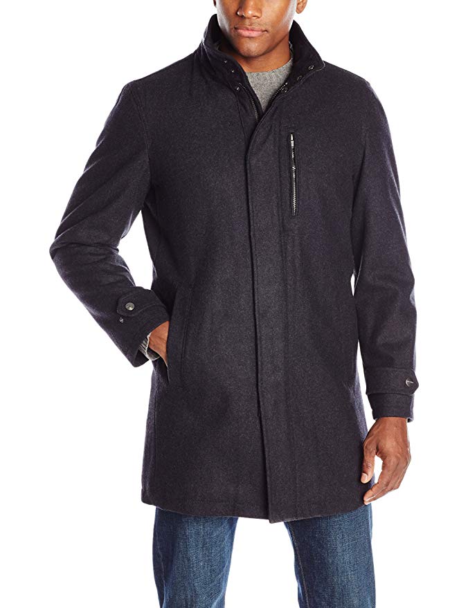 Perry Ellis Men's 35-Inch Wool-Blend Zip-Front Coat with Snap Placket