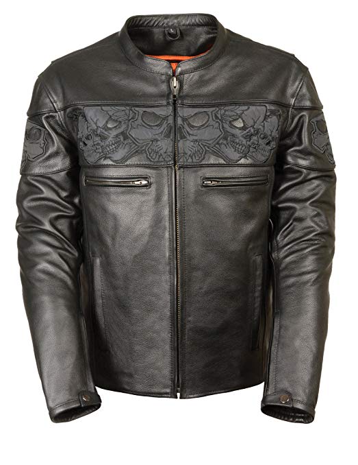 Milwaukee Leather Men's Crossover Stand Up Collar Motorcycle Jacket w/ Reflective Skulls w/ Two Inside Gun Pockets (Large)