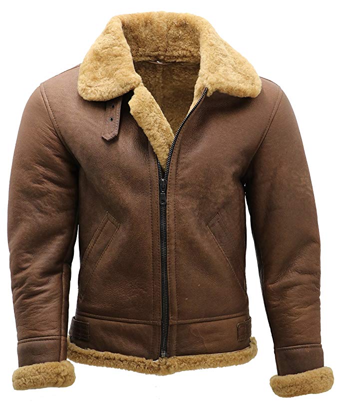 Infinity Men's Brown B3 Shearling Sheepskin WW 2 Bomber Leather Flying Aviator Jacket