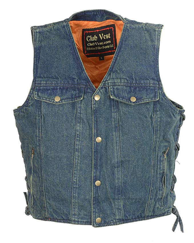 Club Vest Men's Side Lace Denim Vest w/ Chest Pockets ( Blue, 7X), 1 Pack