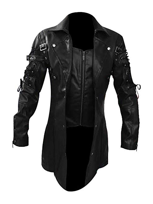 Mens Real Black Leather Goth Matrix Trench Coat Steampunk Gothic - T18 (X-Large)