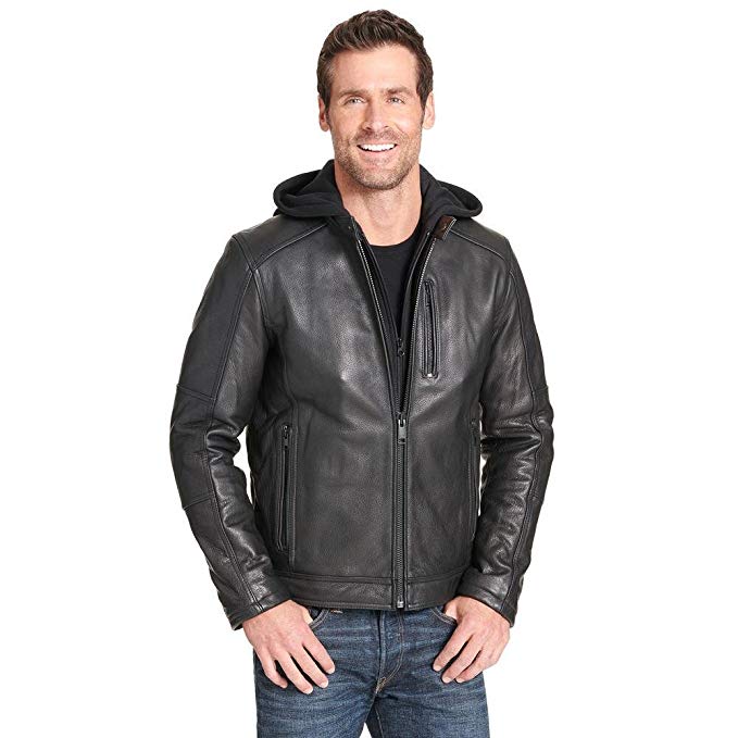 Wilsons Leather Mens Cycle Leather Jacket W/Removable Hood