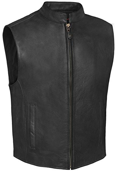 True Element Mens Single Back Panel Leather Motorcycle Club Style Vest w/Concealed Carry Pockets (Black, Size L)