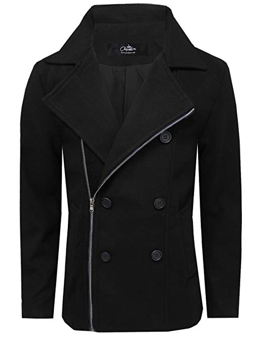 La Chaqueteria Mens Stylish Wool Blend Zipper Double Breasted Pea Coat