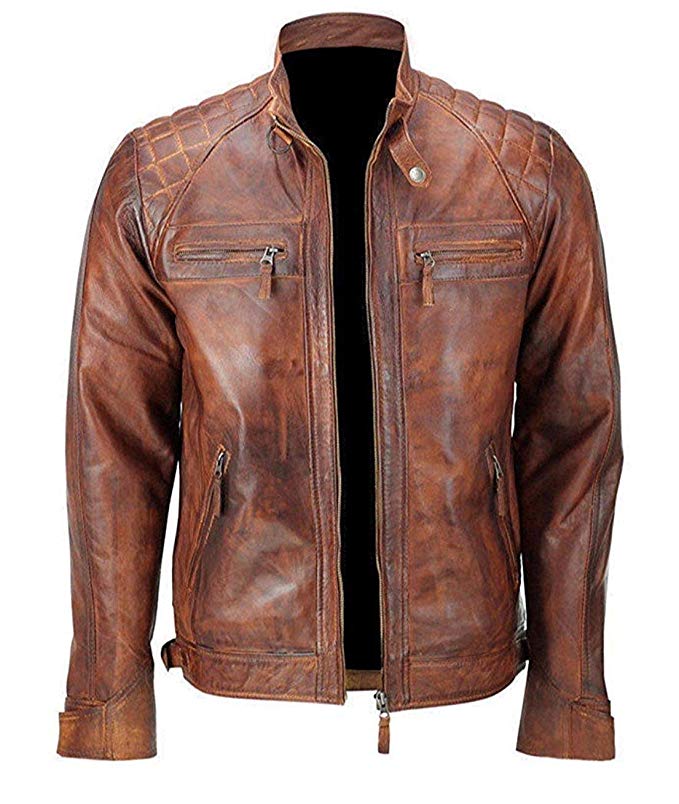 Mens Distressed Brown Classic Diamond Leather Jacket