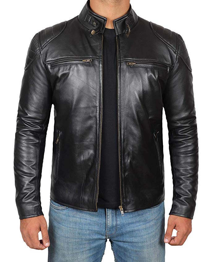 Cafe Racer Mens Leather Jacket - Black Real Lambskin Perfecto Motorcycle Leather Jackets for Mens