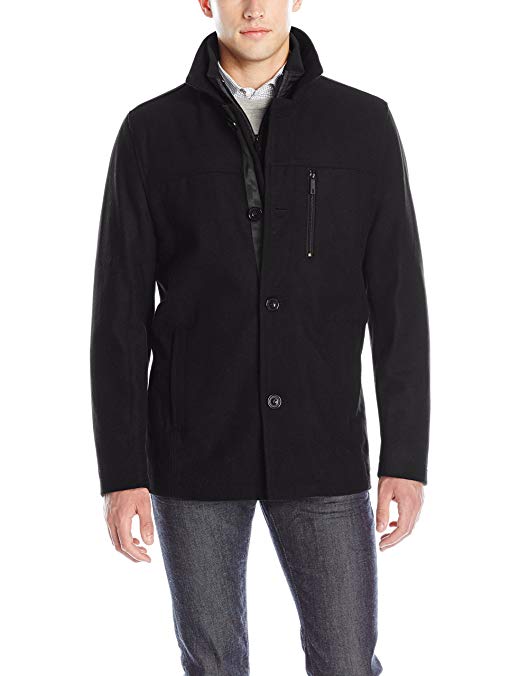 Kenneth Cole New York Men's Wool Blend Car Coat with Polyblend Bib