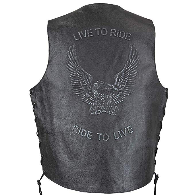 Xelement VE9700 Mens Black Embossed Live to Ride Eagle Leather Vest - Small