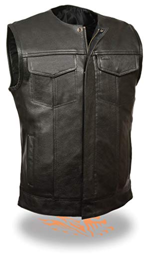 SOA Men's Basic Leather Motorcycle Vest Zipper & Snap Closure w/2 Inside Gun Pockets & Single Panel Back (Medium)