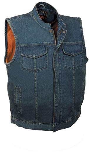 Men's Concealed Snap Denim Club Style Vest w/ Hidden Zipper (Blue,)