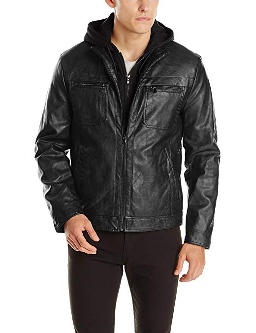 Kenneth Cole REACTION Men's Marble Faux-Leather Moto Jacket with Hood