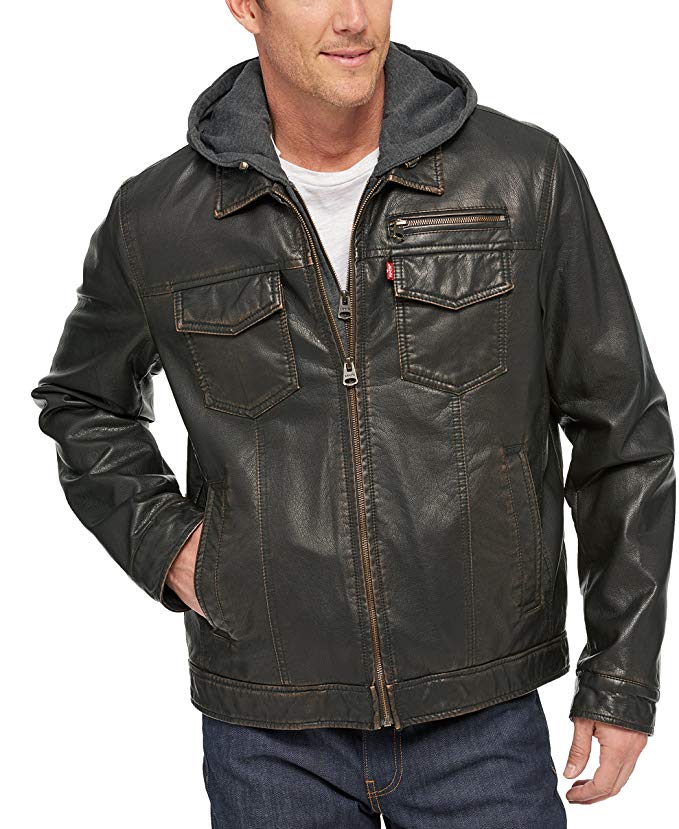 Levi's Men's Faux-Leather Two-Pocket Trucker Hoodie Jacket with Sherpa Lining