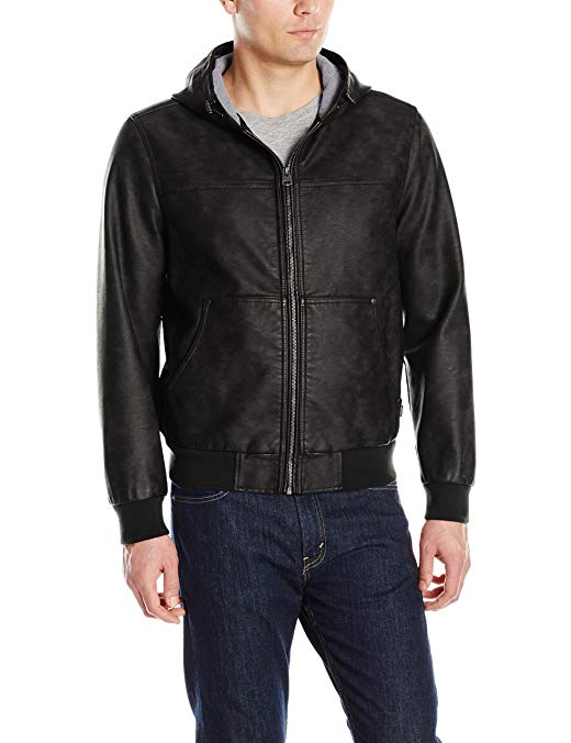 Levi's Men's Buffed Cow Faux Leather Hooded Bomber Jacket