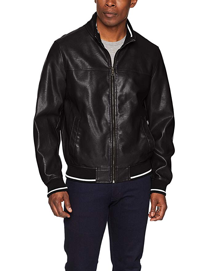 Tommy Hilfiger Men's Lamb Touch Faux Leather Bomber Jacket with Contrast Rib Knit