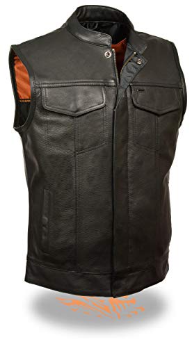 Milwaukee SOA Men's Naked Cowhide Leather Vest Zipper & Snap Front w/ 2 Inside Gun Pockets & Single Panel Back (Large)