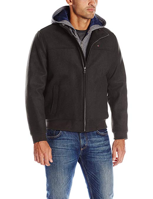 Tommy Hilfiger Men's Technical Wool Varsity Baseball Bomber Jacket with Soft Shell Hood