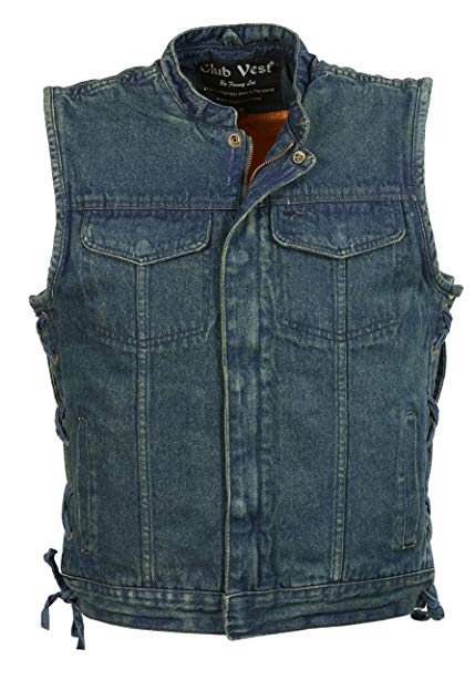 Club Vest Men's Side Lace Denim Club Vest With Hidden Zipper(Blue, 5X)