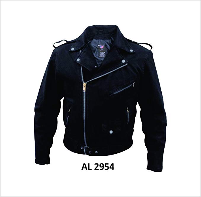 Mens Black Denim Basic Motorcycle Style Jacket W/Half Belt AL-2954-L