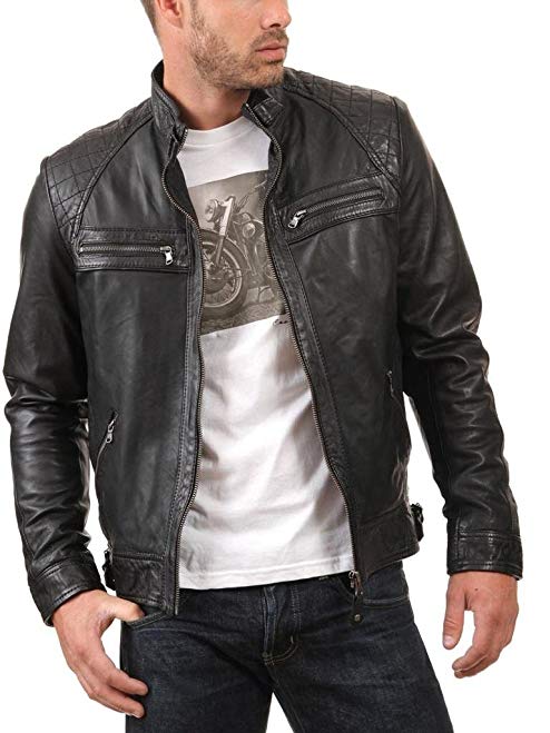 Fashion Store FS Lambskin Leather Men's Bomber Biker Jacket