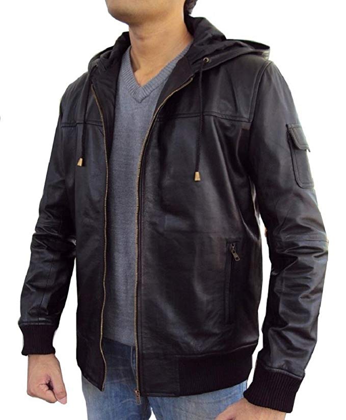 The Leather Factory Men's Lambskin Leather Fixed Hoodie Jacket with Knitted Ribs