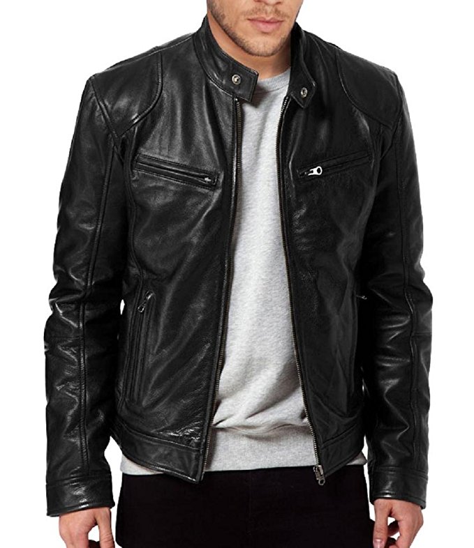 The Leather Factory Men's Sword Black Genuine Lambskin Leather Biker Jacket