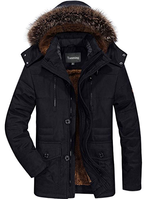 Tanming Men's Winter Warm Faux Fur Lined Coat with Detachable Hood