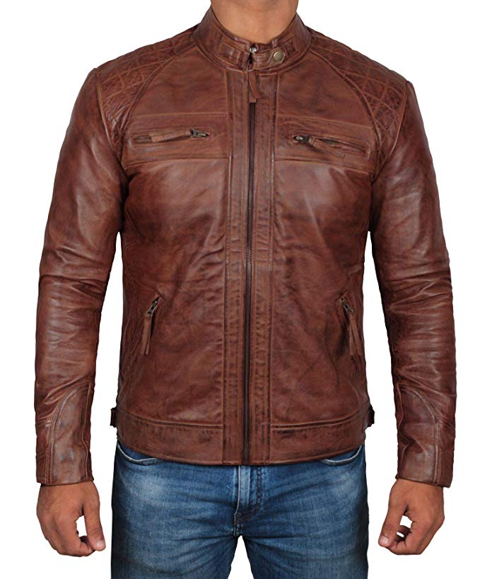 Men Brown Leather Jacket - Distressed Biker Lambskin Leather Jacket