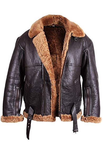 Brandslock Mens Aviator Flying B3 Real Shearling Sheepskin Leather Bomber Jacket