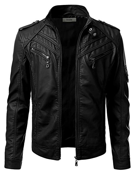 IDARBI Mens Long Sleeve Premium Stand Collar Zip Up Faux Leather Jacket