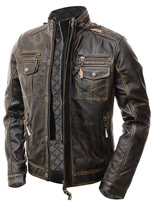 Abbraci Men’s Motorcycle Biker Slim Fit Vintage Distressed Brown Cafe Racer Real Leather Jacket