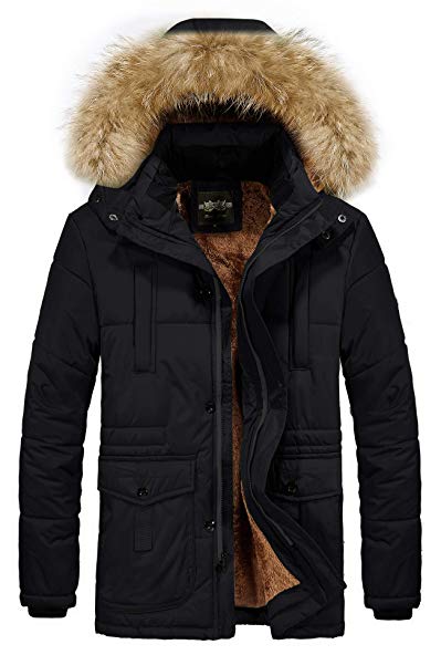 RongYue Men's Winter Thicken Coat Faux Fur Lined Quilted Jacket Removable Fur Hood