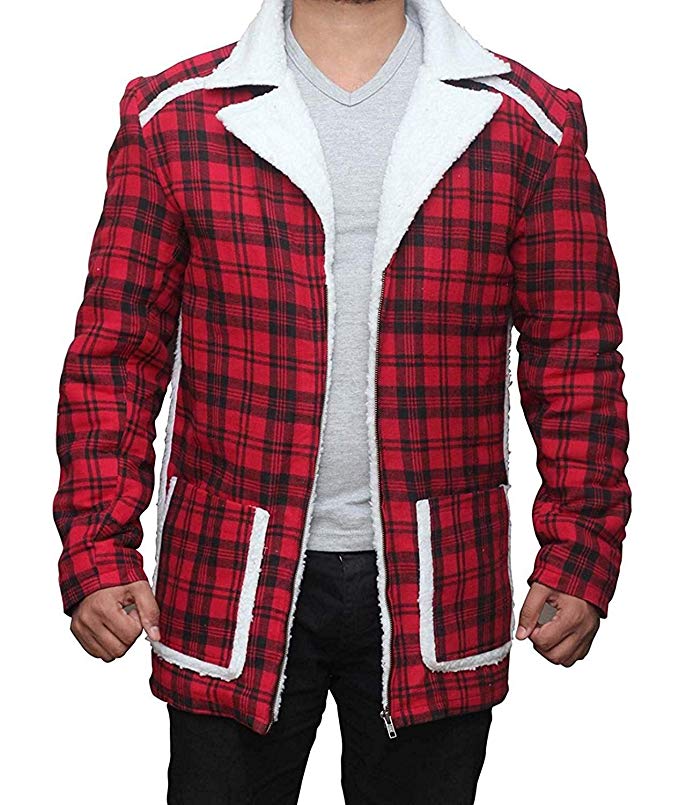 Red Flannel Shearling Jacket - Checkered Style Shearling Coat for Men