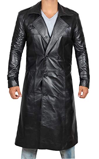 Brown Trench Coat Men - Distressed Black Genuine Leather Long Overcoat