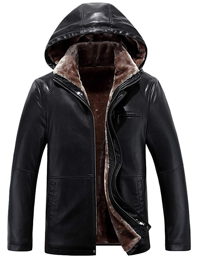 Tanming Men's Winter Warm Leather Coat Real Fur Hooded Leather Jacket