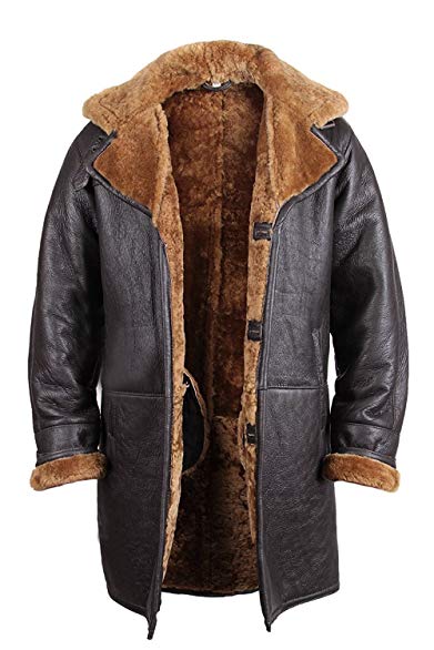 Brandslock Mens Real Shearling Sheepskin Leather Warm Duffle Trench Coat