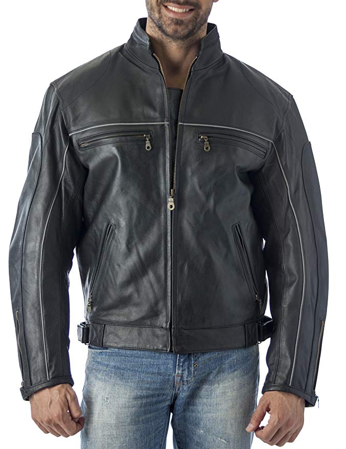 Reed Mens Vented Leather Motorcycle Jacket with Light Reflector