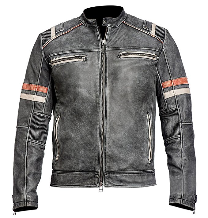 Men Distressed Black Retro Vintage Cafe Racer Motorcycle Leather Jacket