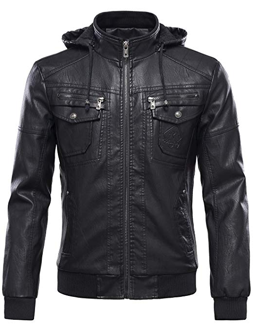 Tanming Men's Pu Leather Jacket with Removable Fur Hood