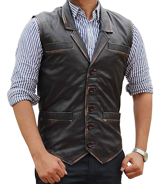 fjackets Brown Leather Vest for Men - Distressed Motorcycle Leather Vest