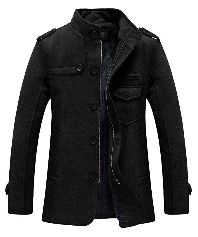 RongYue Men's Winter Pea Coat Wool Blend Single Breasted Military Peacoat Jacke