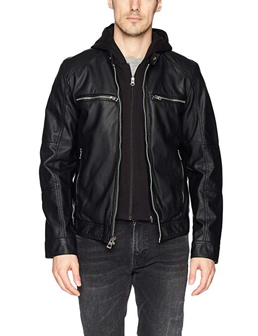 GUESS Men's Faux Leather Hooded Moto Jacket, Black, XL