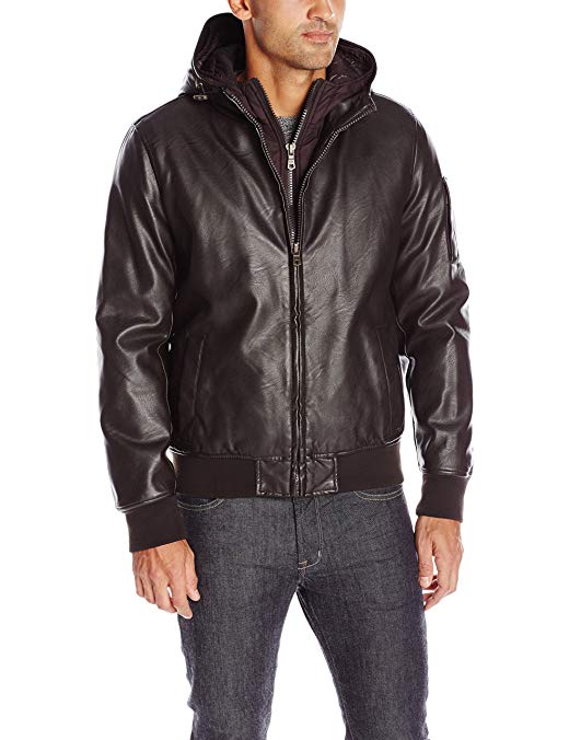 Tommy Hilfiger Men's Smooth Lamb Touch Faux Leather Bomber Jacket Double Hood